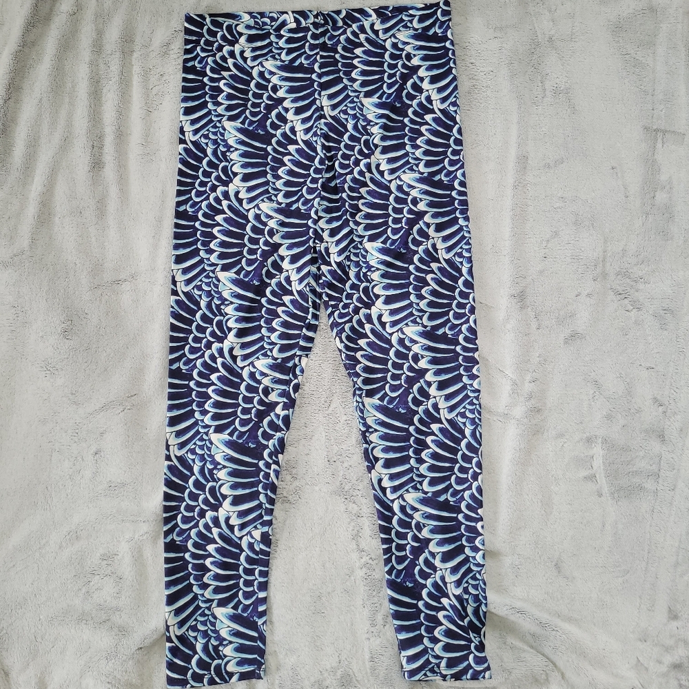 Ed Hardy Womens Large Blue White Feather Print Leggings Performance Stretch Y2K